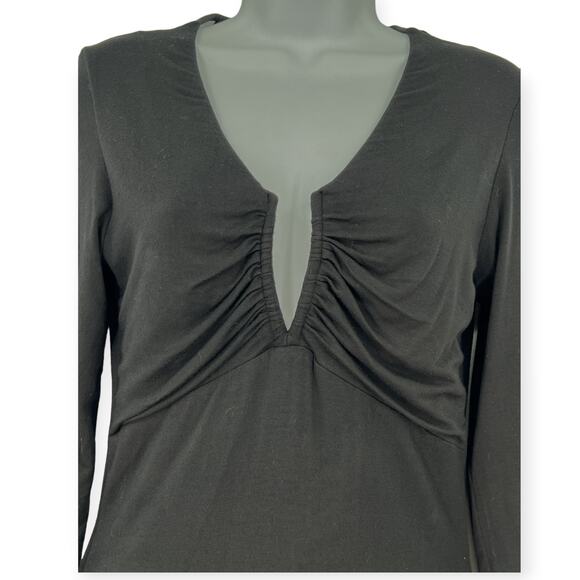 NWT SKY | L | Leather Trimmed Sheer Back Top Blouse Ruched Deep V GWENNO - Picture 3 of 9